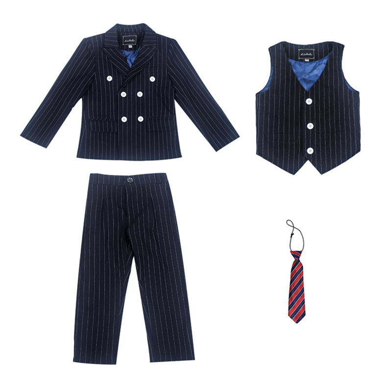 Boy Striped Suit Jacket Kids Formal Tuxedo Dress Double breasted Clothes Sets Child Wedding Morning Coat Blazer Pants Costumes: 4 Pcs Sets / 90