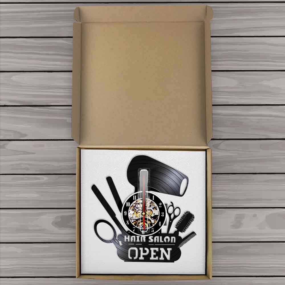 Hair Salon Open Vinyl Record Lamp Night Light Barber Shop LED Wall Clock Comb Scissors Hair Dryer Modern Slient Watch
