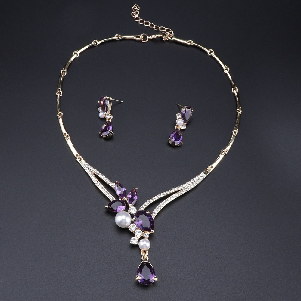 Bruidssieradenset met kristallen ketting en oorbellen, klassieke waterset voor dames, trouwsieraden: Paars