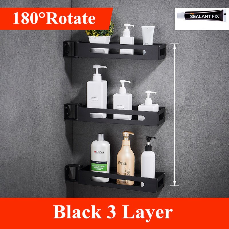 Bathroom 1\2\3 Tier Black Spice Rack Kitchen Pantry Rack Organizer Wall Hanging 180 Degree Rotating Corner Shelf: Black 3 Layer