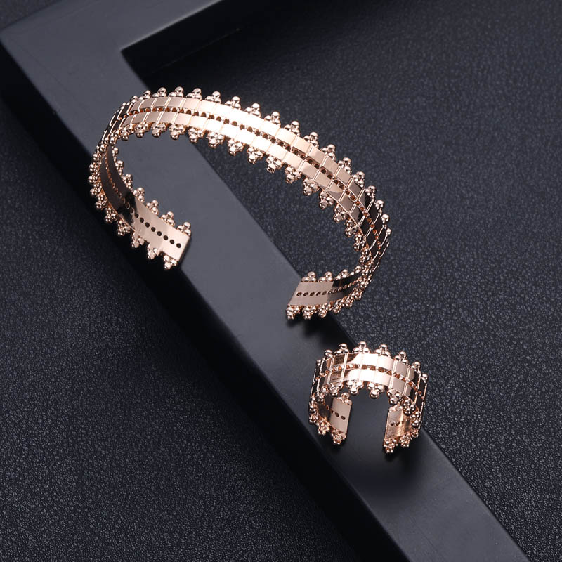 Luxe Unieke Dubai Armband Ring Set Sieraden Sets Voor Vrouwen Wedding Kubieke Zirkoon Crystal CZ Dubai Bruids Sieraden Set: 2 Rows-Rose Gold