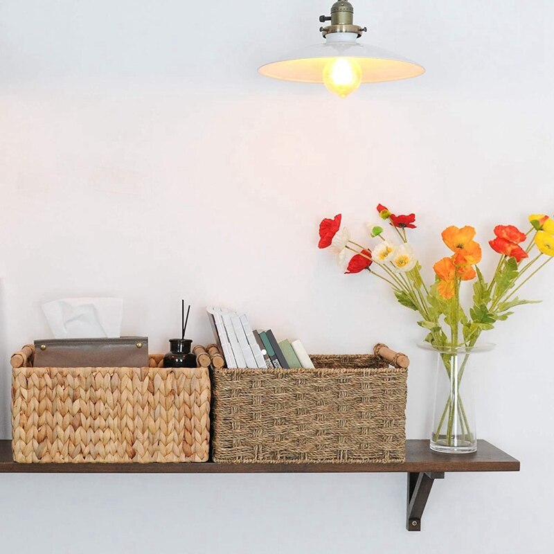 Hand-Woven Jumbo Storage Baskets with Wooden Handles, Water Hyacinth Wicker Baskets for Organizing, 2-Pack