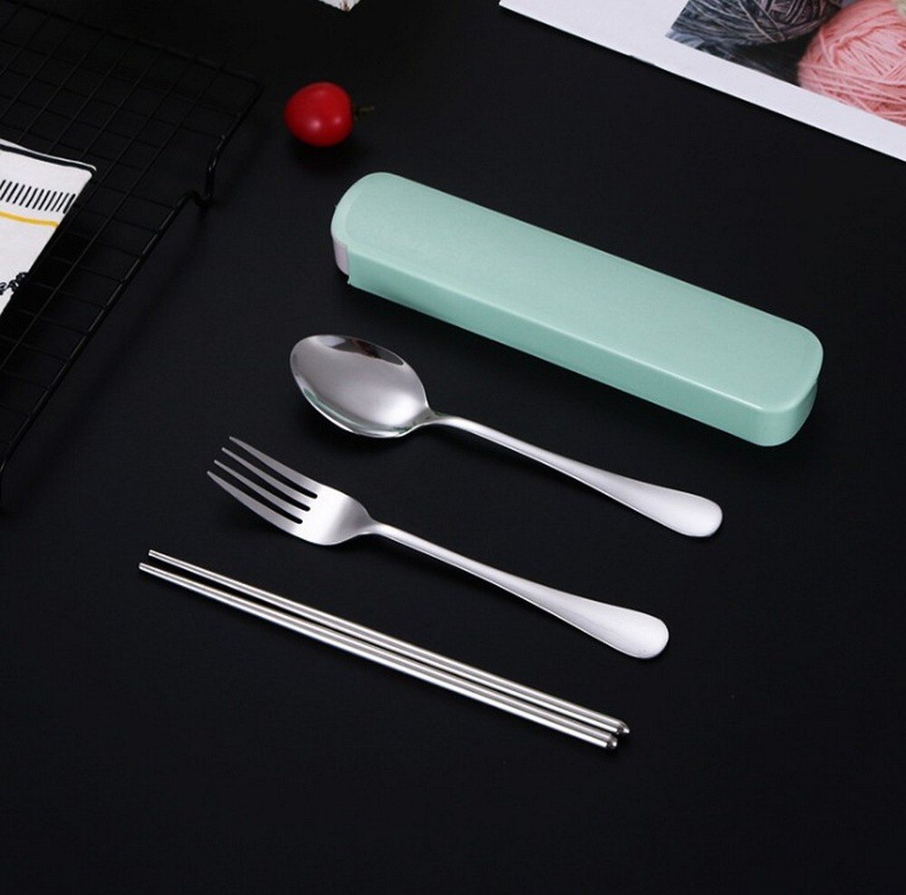 Portable Tableware Bag Cutlery Bag Dinner Set Stainless Steel Travel Storage Box Dinnerware Picnic Fork Spoon Bag for Kid School: Light Green