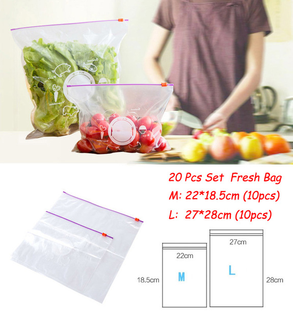 Reusable Fresh-Keeping Zipper Bag Food Plastic Bag Vegetable Fruit Storage Freezing Leakproof Sealed Bags Kitchen Accessories: 20Pcs
