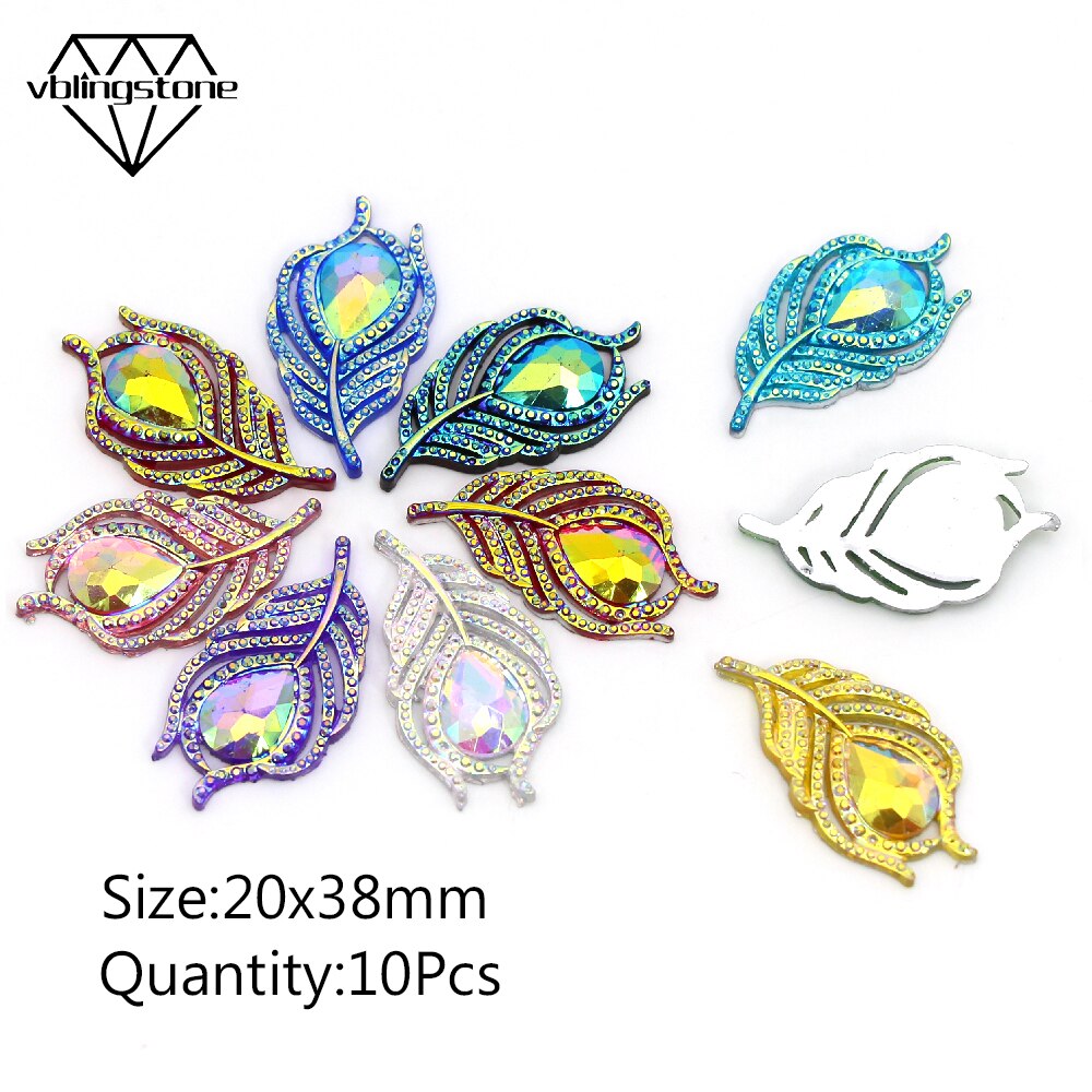 10Pcs Strass Veren Flat Back Rhinestone Voor Kleding Pauw AB Kristallen Leaf Resin Strass Voor Trouwjurken DIY Ambachten