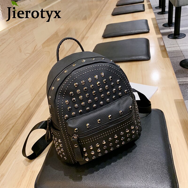 JIEROTYX Neue Preppy Freizeit Rucksack Frauen lässig Daypacks Frauen Soild Reißverschluss Niet Schulter Taschen Soild