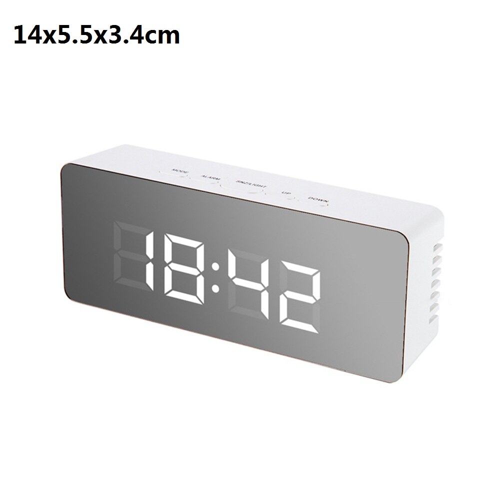 Digital Mirror Alarm Clock LED Display 5Fuctions Button Desk Clock Temperature Calendar Snooze Thermometer with USB 14x50x3.4cm