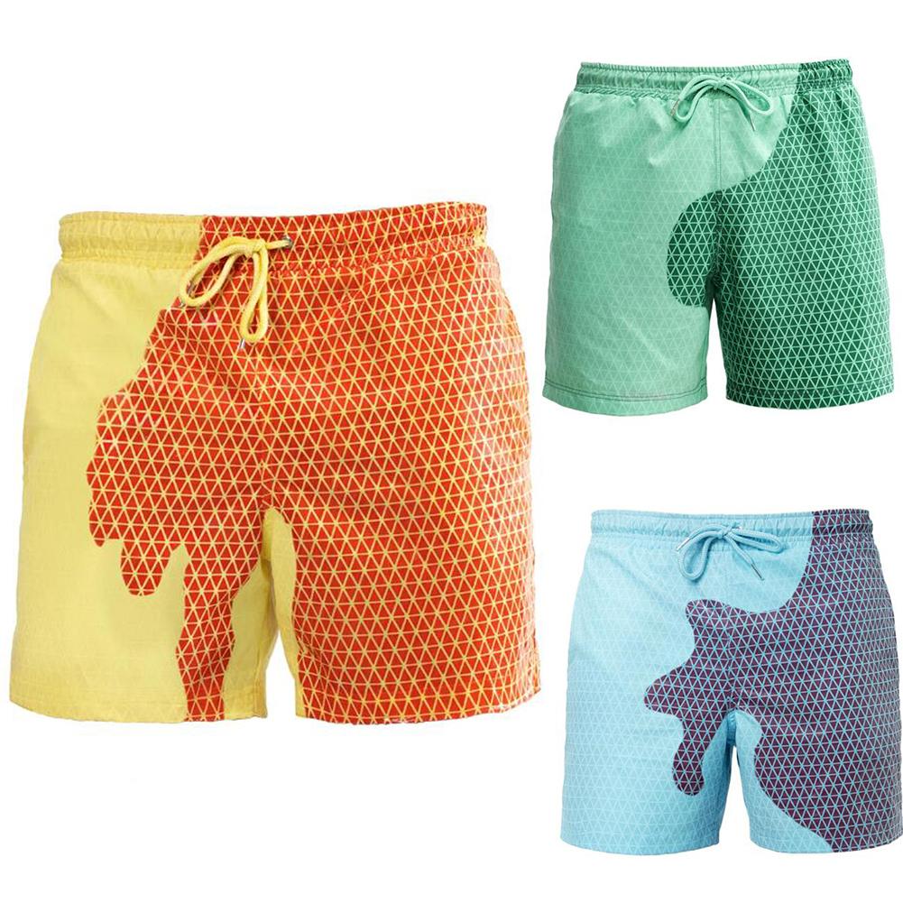 Men Beach Shorts Quick Dry Lattices Drawstring Color Changing Beach Shorts Swimming Trunks