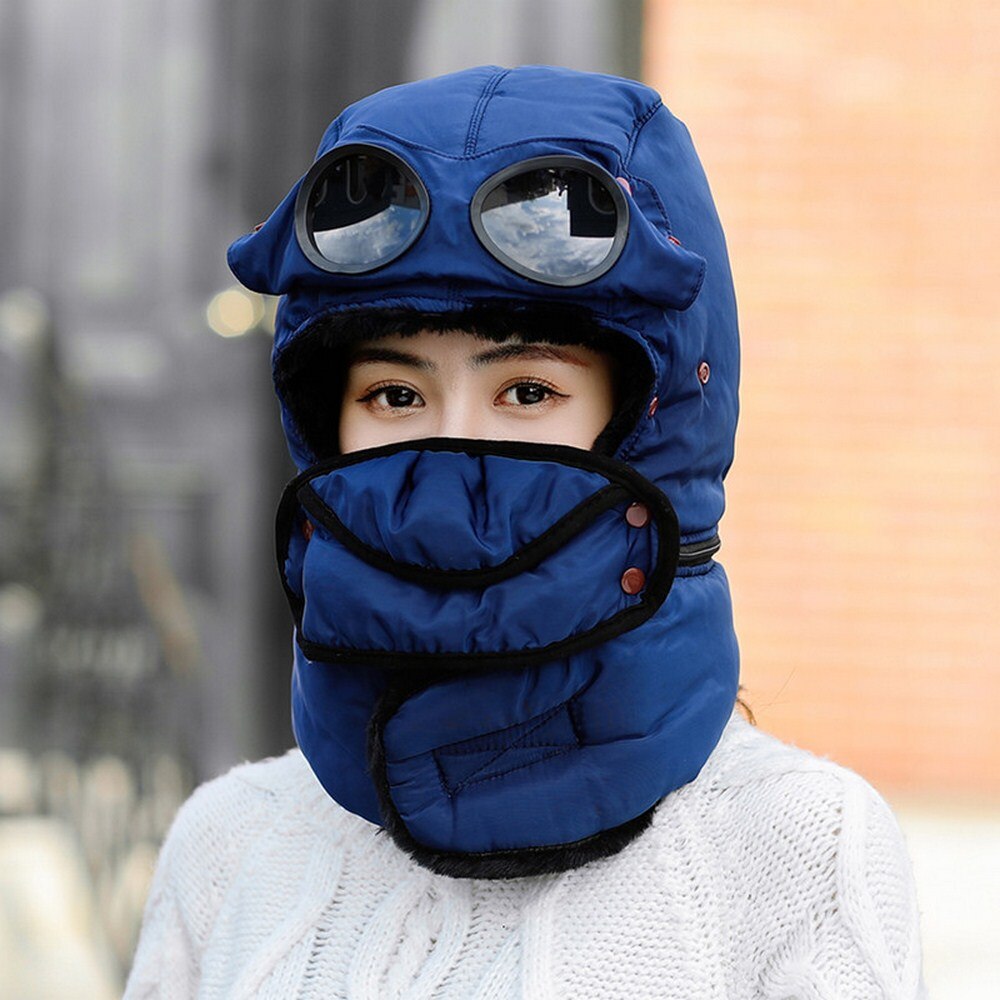 Winter Warm Hat Men Women Riding Cap Scarf Thick Earflap Outdoor Windproof Lei Feng Cap Ski Anti-fog Hiking Cotton with Glasses: Blue