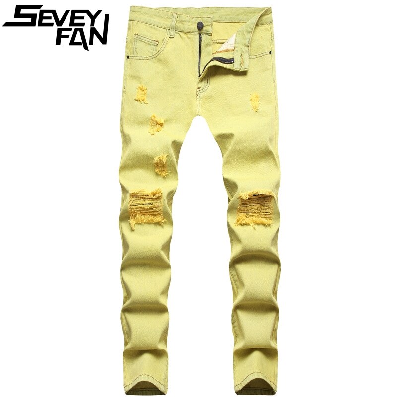 SEVEYFAN Men's Skinny Ripped Jeans Yellow Stretch Hole Denim Pants Urban Trendy Urban Jeans for Male