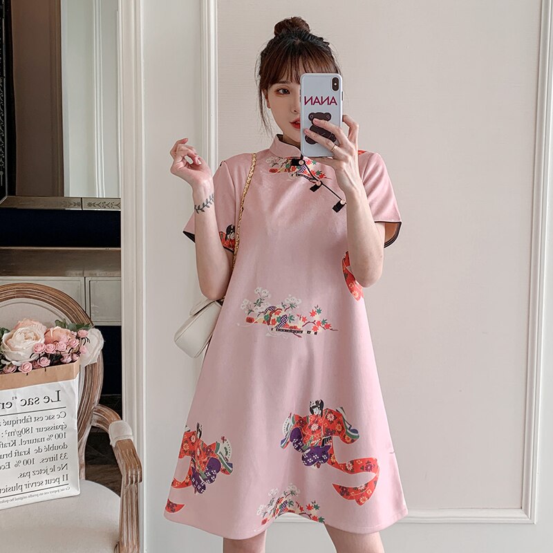 Plus Size M-4XL Peking Opera Print Pink Modern Cheongsam Dress for Women Short Sleeve Qipao Traditional Chinese Clothes