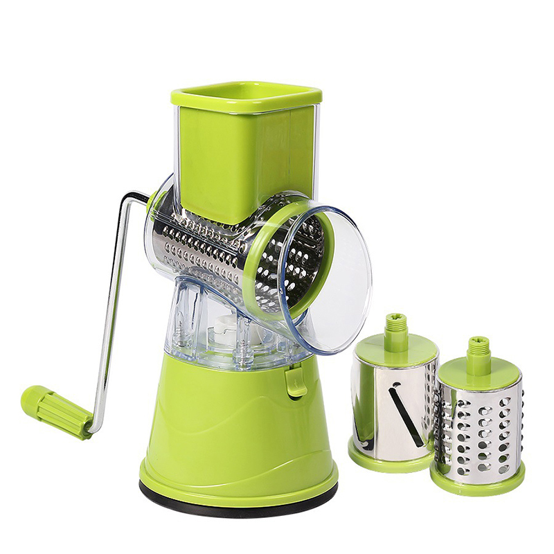 Rotary Cheese Grater Handheld Vegetable Mandoline Slicer Shredder with 3 Drum Blades Kitchen Tool SNO88: green