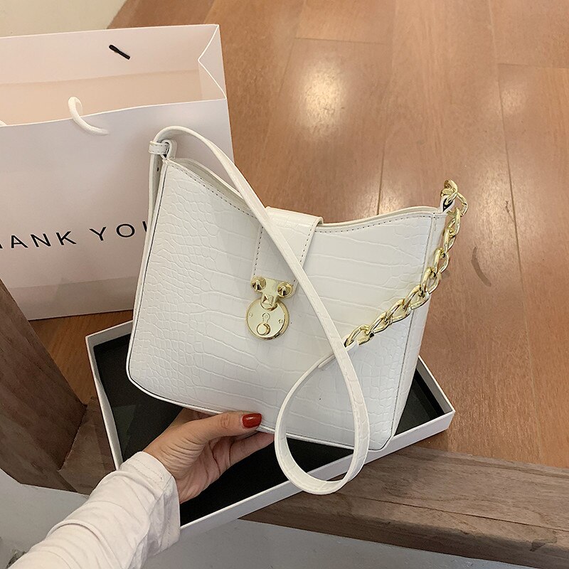 Alligator kvinder bucket taske klassisk blå famle skuldertasker sommer krokodille mønster dame crossbody messenger håndtaske: Hvid