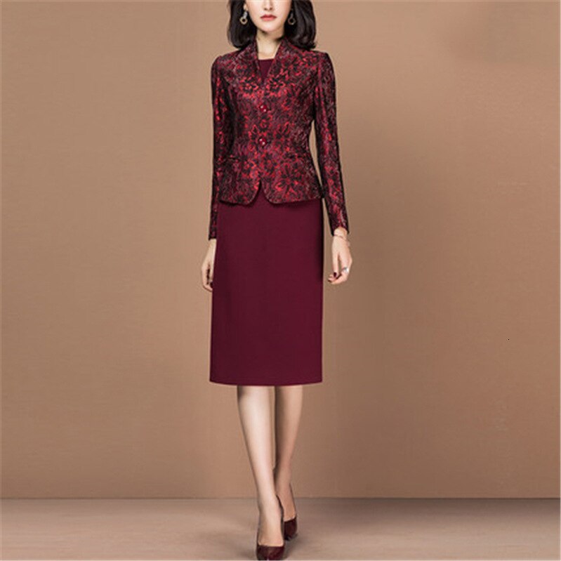 Dames kantoorkleding, nette bordeauxrode nette jas, 2 -delige set, zakelijke kleding, dames, plus size: M