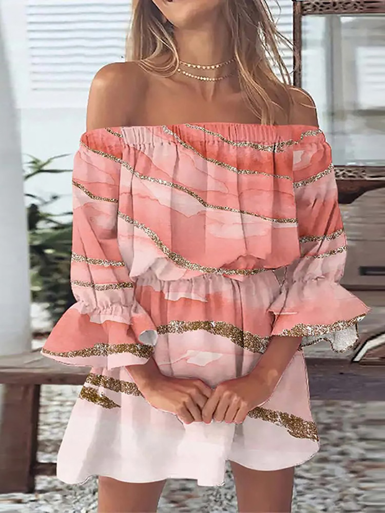 Sommer lässig Frauen Halb aufflackern Hülse Party Kleid Druck Schrägstrich Nacken Damen Mini Kleid Süße sexy Streetwear Vestidos: M / Gold