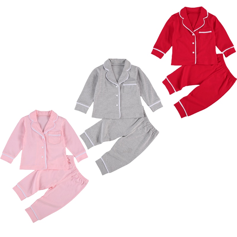 Focusnorm 0-5Y Herfst Winter Meisjes Jongens Pyjama Sets Casual Solid Lange Mouwen Single Breasted Tops Lange Broek