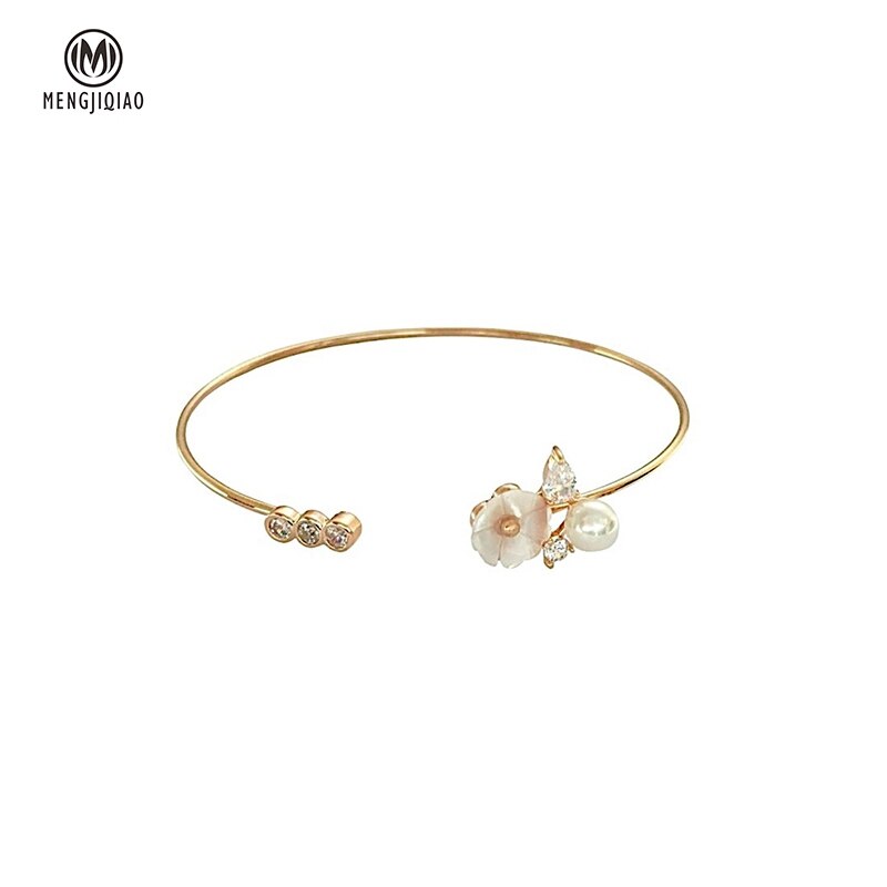 Mengjiqiao Elegante Handgemaakte Shell Bloem Armband Voor Vrouwen Meisjes Mode Metalen Cirkel Armbanden Armbanden Sieraden