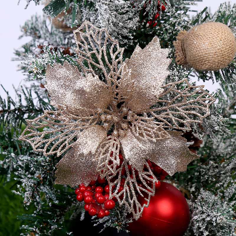 6pcs Glitter Kunstmatige Kerst Bloemen Vrolijke Kerstboom Decoratie Ornamenten Xmas Party Supplies Nep Bloemen Hoofd