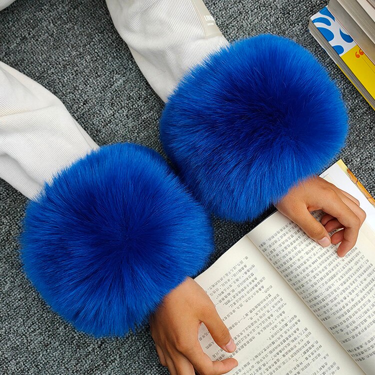 Brazalete de piel sintética para mujer, brazalete de piel de zorro, cálido, chaquetas, puños, abrigo sólido, universal: Royal blue