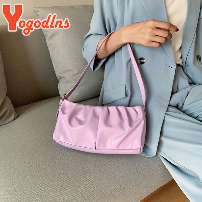 Yogodlns Summer Shoulder Bag Women Leisure PU Leather Baguette Bag Pleated Cloud Bag Female Small Handbag Phone Purse