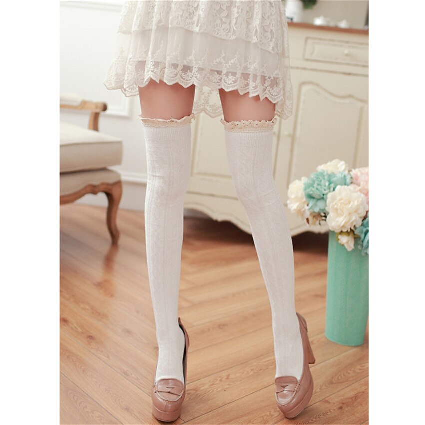 Lente Winter Vrouwen Knie Sokken Twist Meisje Kant Over Knie Warme Buis Kous Vrouwelijke Voorraden DP982950: White