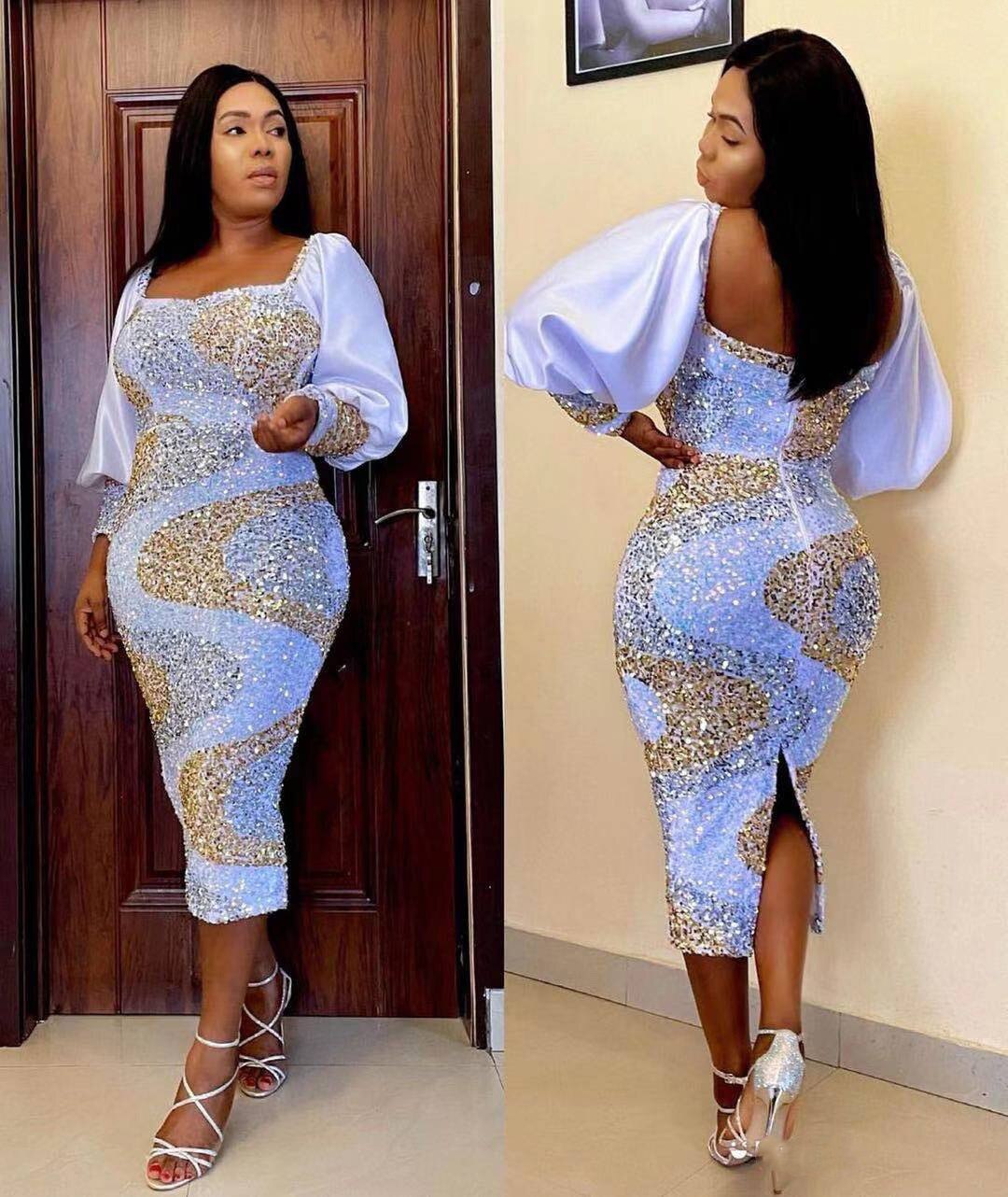 Style Classic African Women's Clothing Dashiki Stylish Lace Sequins Elastic Packet Buttock Party Lady Dresses: WHITE / M