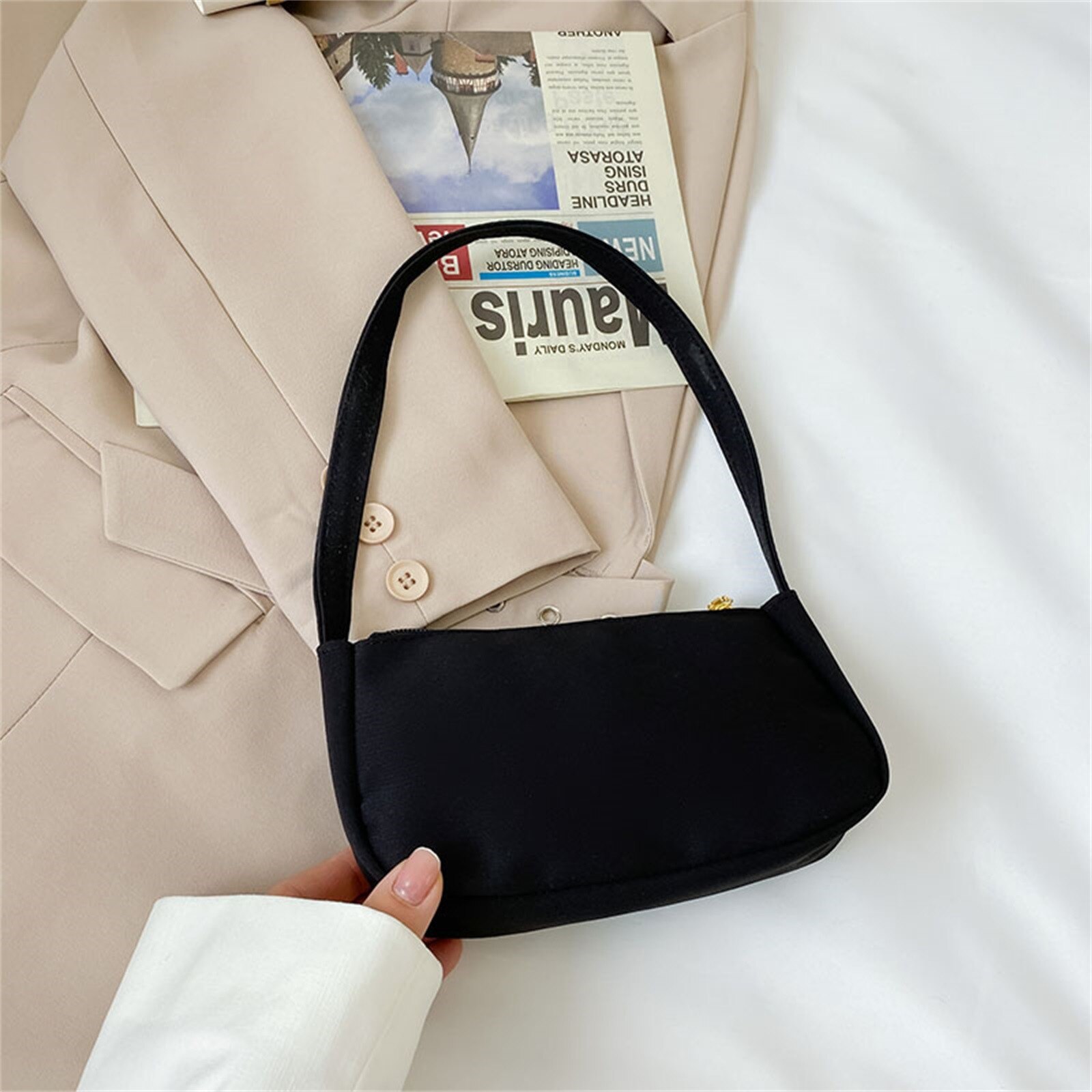 Solid Color Ladies Baguette Handbags Women Nylon Casual Shoulder Underarm Shoulder Bags Portable Travel Clutches#p35: A