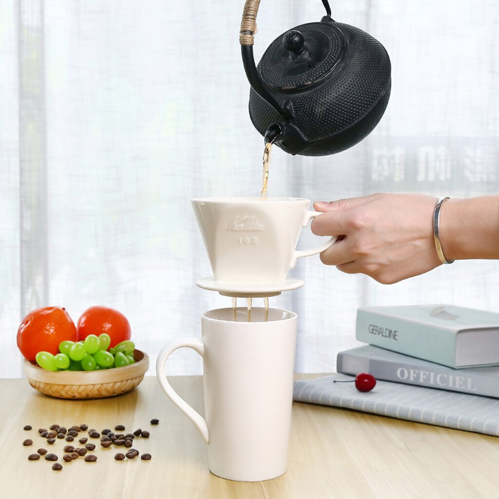 Ceramic Manual Drip Coffee Filter Cone with Cup Holder (White, 200ML - 300ML)