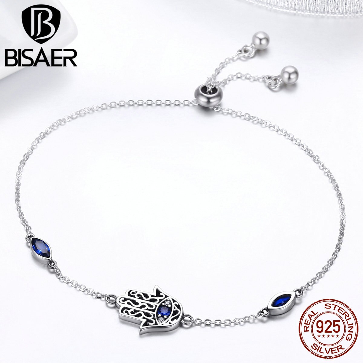 Bisaer 925 スターリングシルバーングハムサハンドファティマハンドチェーンリンクブレスレットpulseira幸運の女性女性ブレスレットファインジュエリーECB076