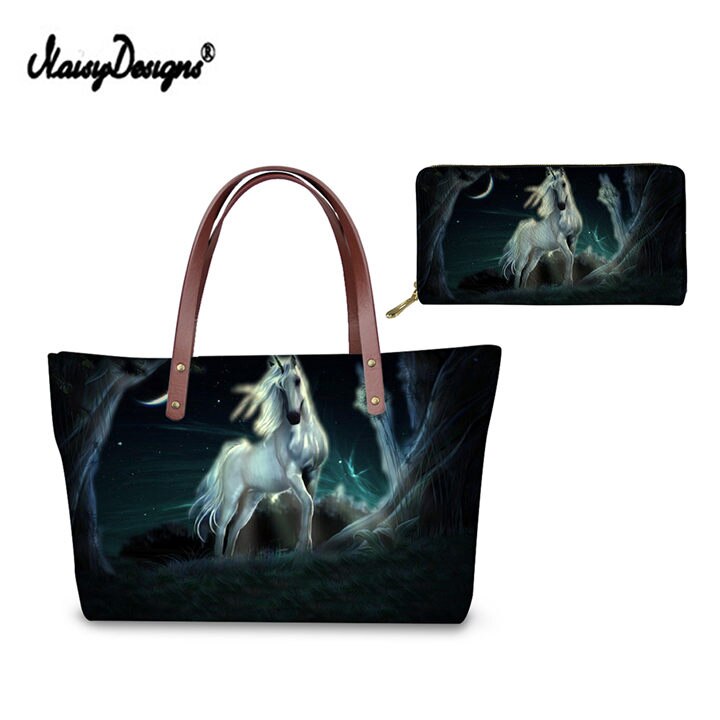 Pink Unicorn Horse Printed Women Shopping Bags Crossbody Bags Vintage Messenger Bag Leather Purse Shoulder Travel Top Tote Bags: LMF0051ALZ21