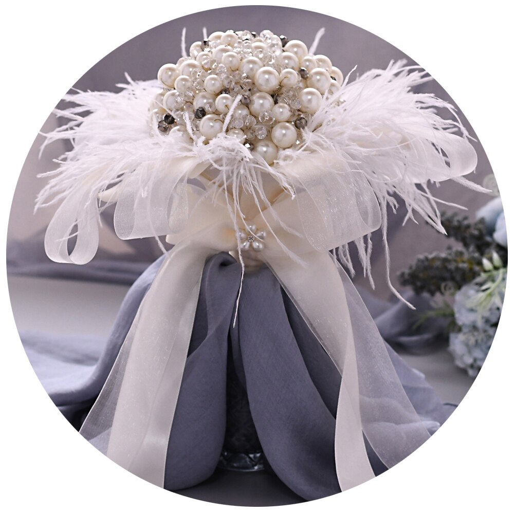 TRiXY HF03 Pearls Wedding Bouquet Ivory Pearl Feather Wedding Accessories Bridal Wedding Bouquet for Bride Bridal Decoration: Default Title