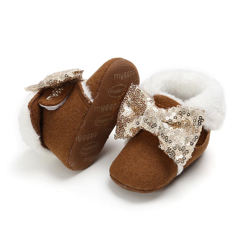 Baby Laarzen Peuter Meisjes Kids Winter Schoenen Pasgeboren Gezellige Booties Baby Sequin Strik Warme Laarzen Pluche Zachte Zool Sneeuw Schoenen