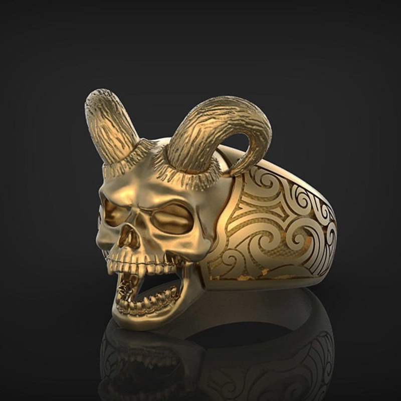 Punk Hip Hop Viking Ring Classic Retro Satan Devil Skull Ring Gothic Motorcycle Men's Ring Jewelry: 7 / Gold