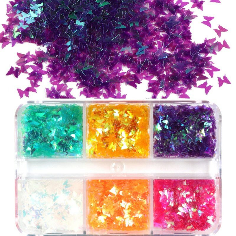 Neon- Herz Schmetterling Nagel Pailletten einstellen Irridescent Stern Blume 3D Charme Flocken Dekoration für Nagellack funkeln Zubehör: 6G-TGBF2