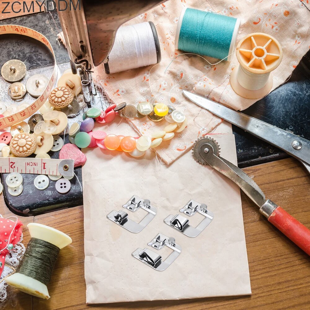 ZCMYDDM 3 Size Rolled Hem Presser Hemmer Foot 1/2Inch 3/4Inch 1Inch for Brother Singer Low Shank DIY Sewing Machine Tool