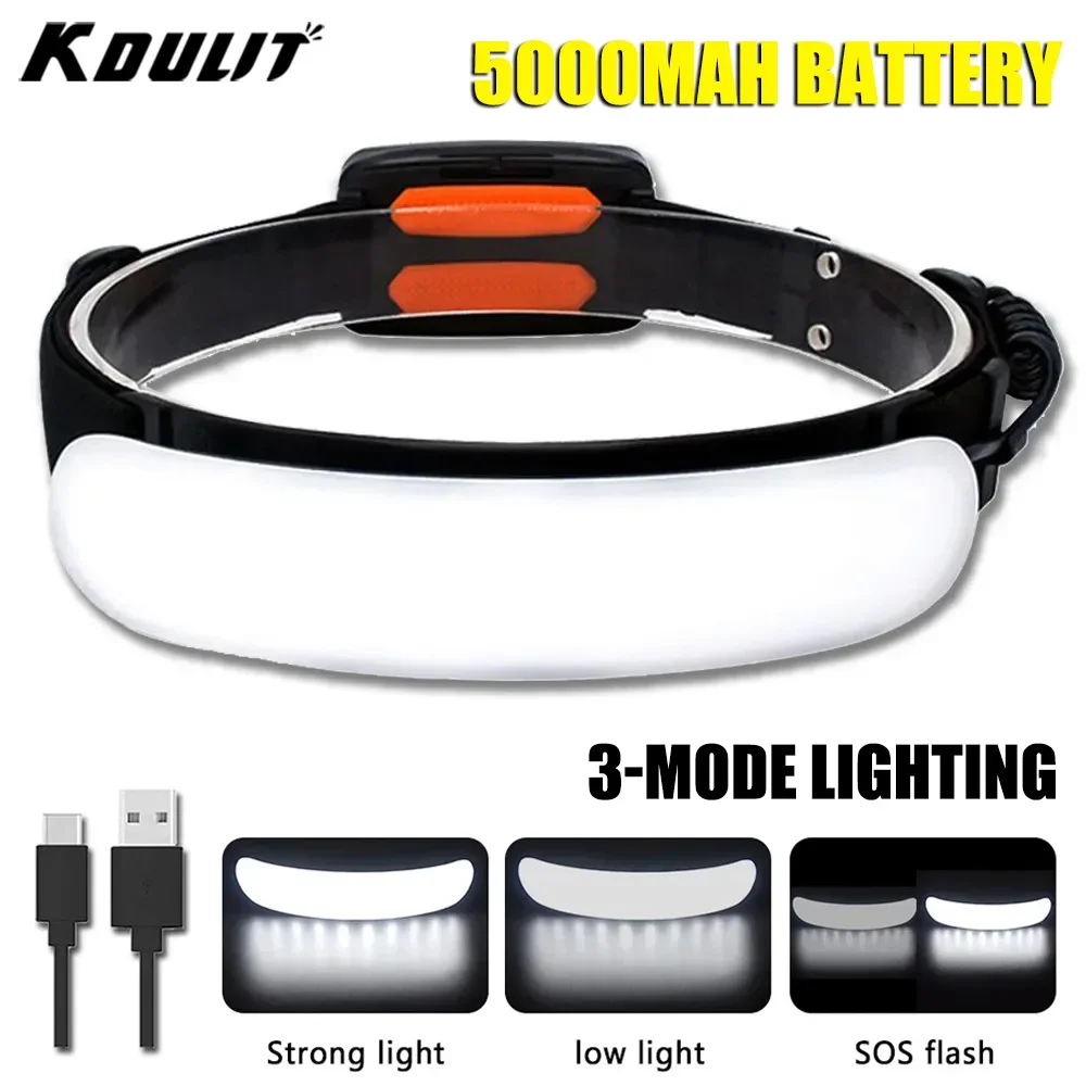 Potente linterna frontal LED COB, linterna frontal recargable por USB con batería integrada de 5000Mah, linterna para acampar y pescar