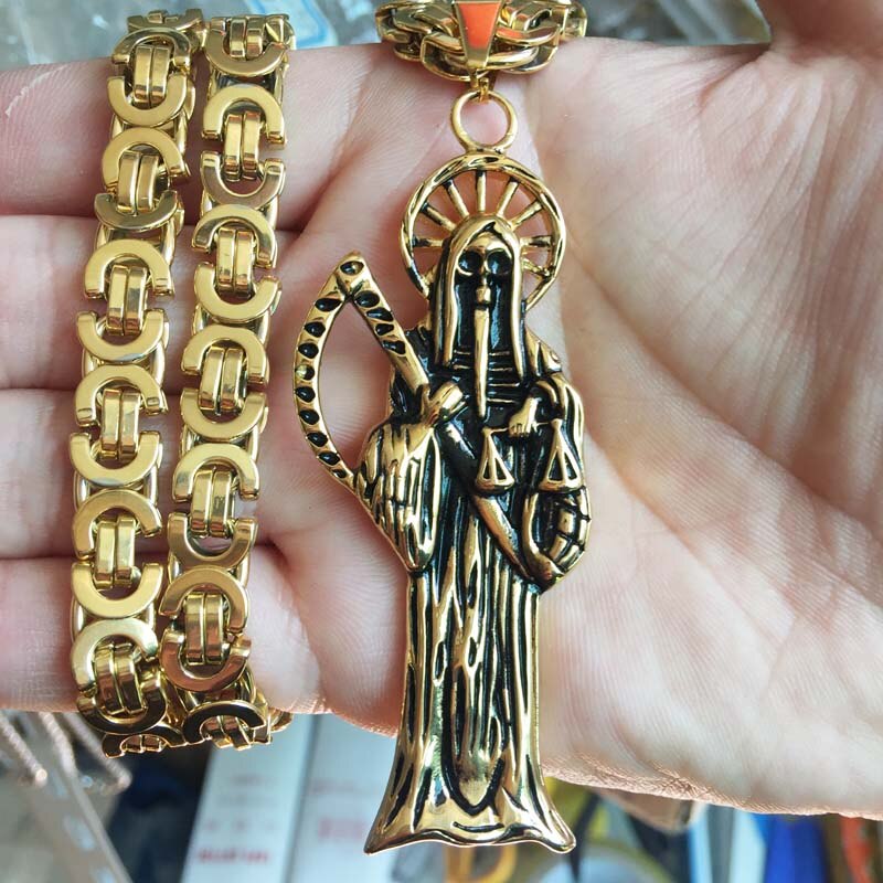 Pendentif en or et noir, chaîne plate de 8.5MM, style faucheuse de la mort du père noël