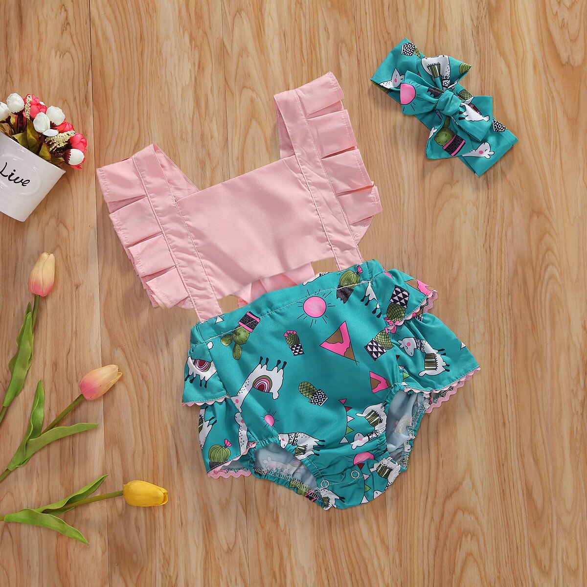 Verão infantil bebê meninas bodysuits bandana flores impressão babados manga curta macacões outfits
