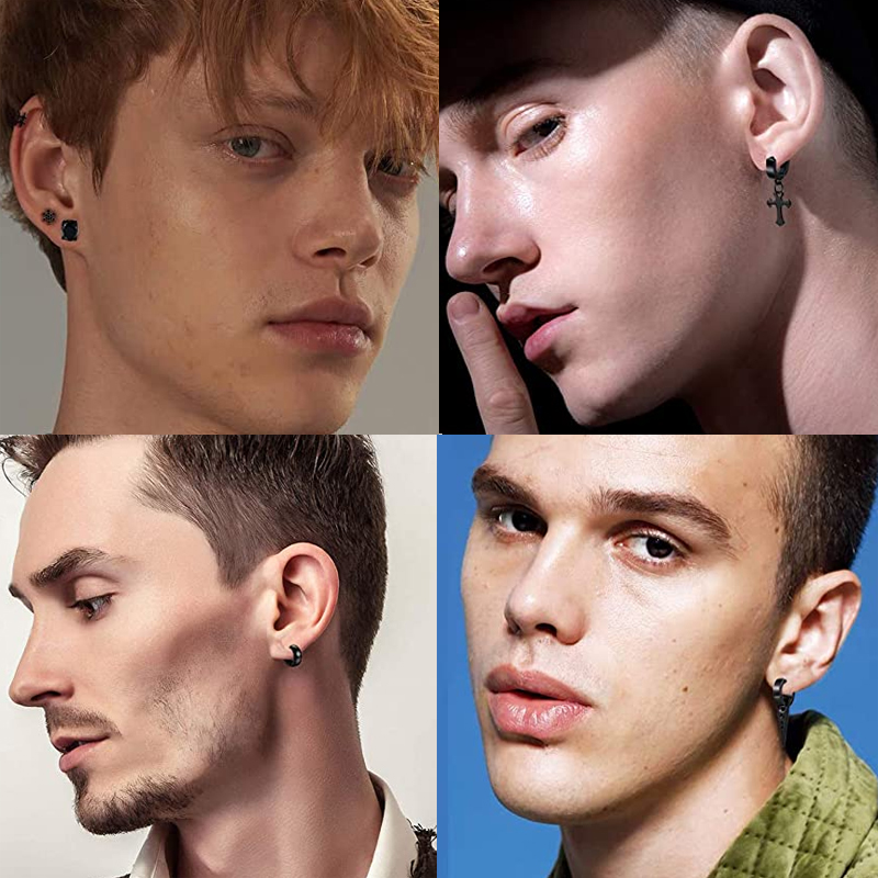 Wkoud 8 Pairs Rvs Punk Stud Oorbellen Voor Mannen Vrouwen Populaire Driehoek Kruis Klinknagel Oorbellen Scharnierende Hanger Ring Pierce