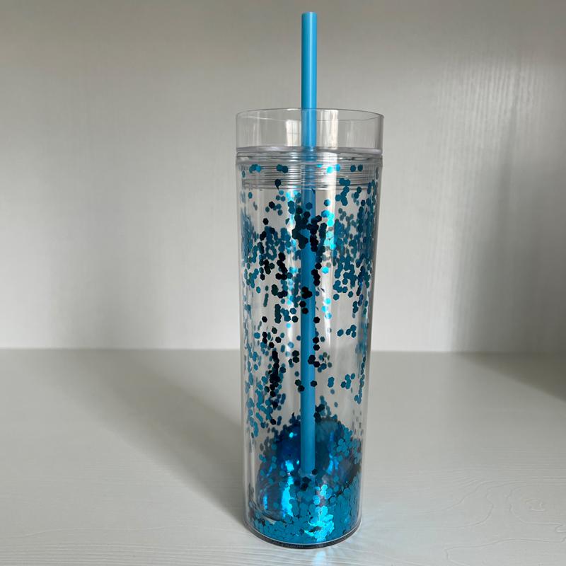 Double Layer Shiny Cup Transparent Plastic Cup 473ml/16oz Water Straw Cup Coffee Home Mug Cup Tumbler With Straw: bule