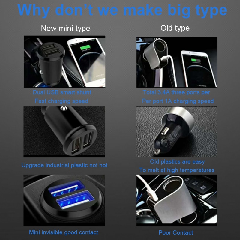 12V 24V Mini Fast Car Charger USB Charge For Mobile Phone Display 5v 3.1A Car Cigarette Lighter Adapter Charging Socket Charger