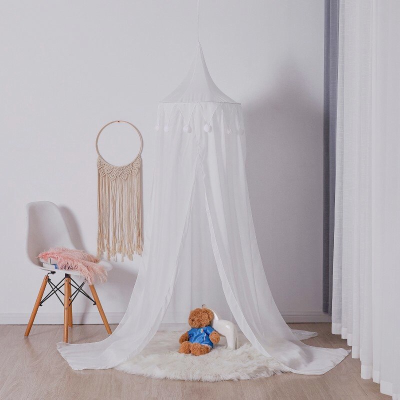 Nórdico cama do bebê dossel mosquiteiro rede berço com pompom cúpula redonda pendurado tenda crianças jogar tenda crianças quarto decoração