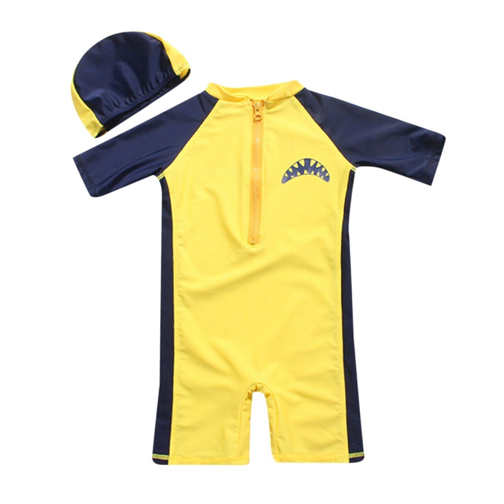 Cool Baby Swimwear Children Kids Sleeve Cartoon Shark Beach One Piece Swimsuit+Hat Swimwear Set Swimsuit for children: 4Years