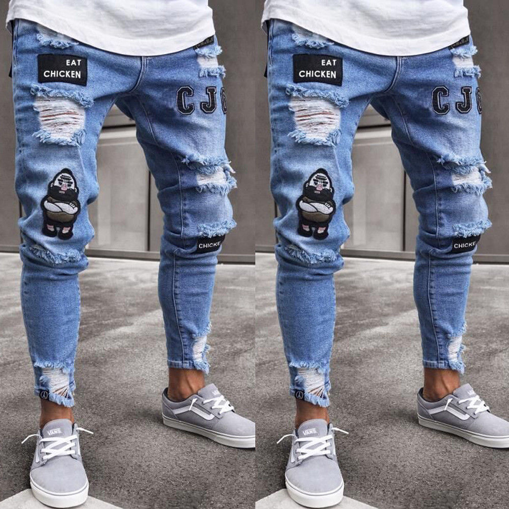 Brand Men Casual Stretchy Ripped Jeans Skinny Biker Jeans Destroyed Taped Slim Fit Denim Pants: Blue / XXL