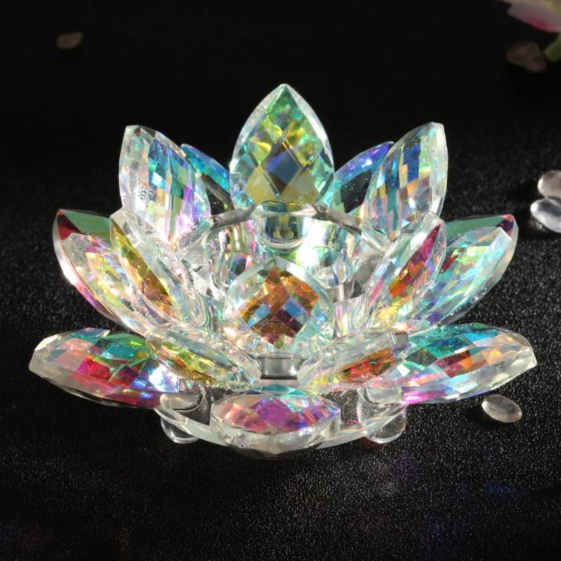 Suporte de vela de lótus transparente colorido cristal rack castiçal ornamento presente casa templo budista decoração