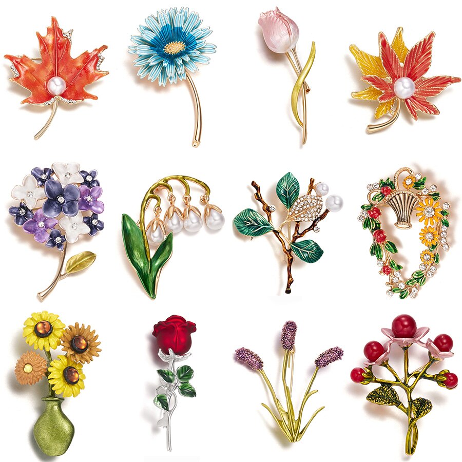 Rinhoo-broche de esmalte de plantas y flores, broche Retro de hoja de arce, Margarita, tulipán, cesta de flores, campana, orquídea, rosa, alfileres para solapa, joyería de boda