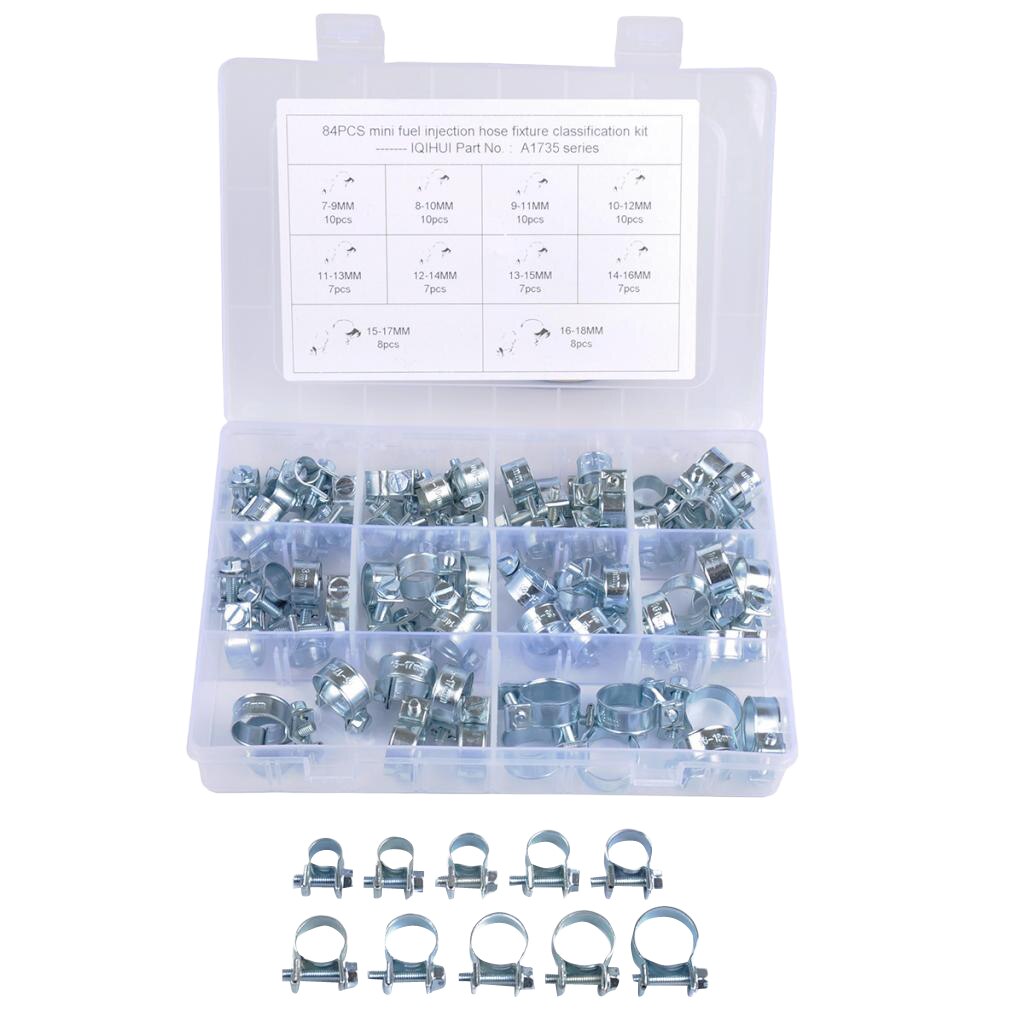 84Pcs/Set 10 Sizes Mini Fuel Line Hose Clamps Assortment Kit, Clamp Range: 7-18mm (2.7 - 7inch)