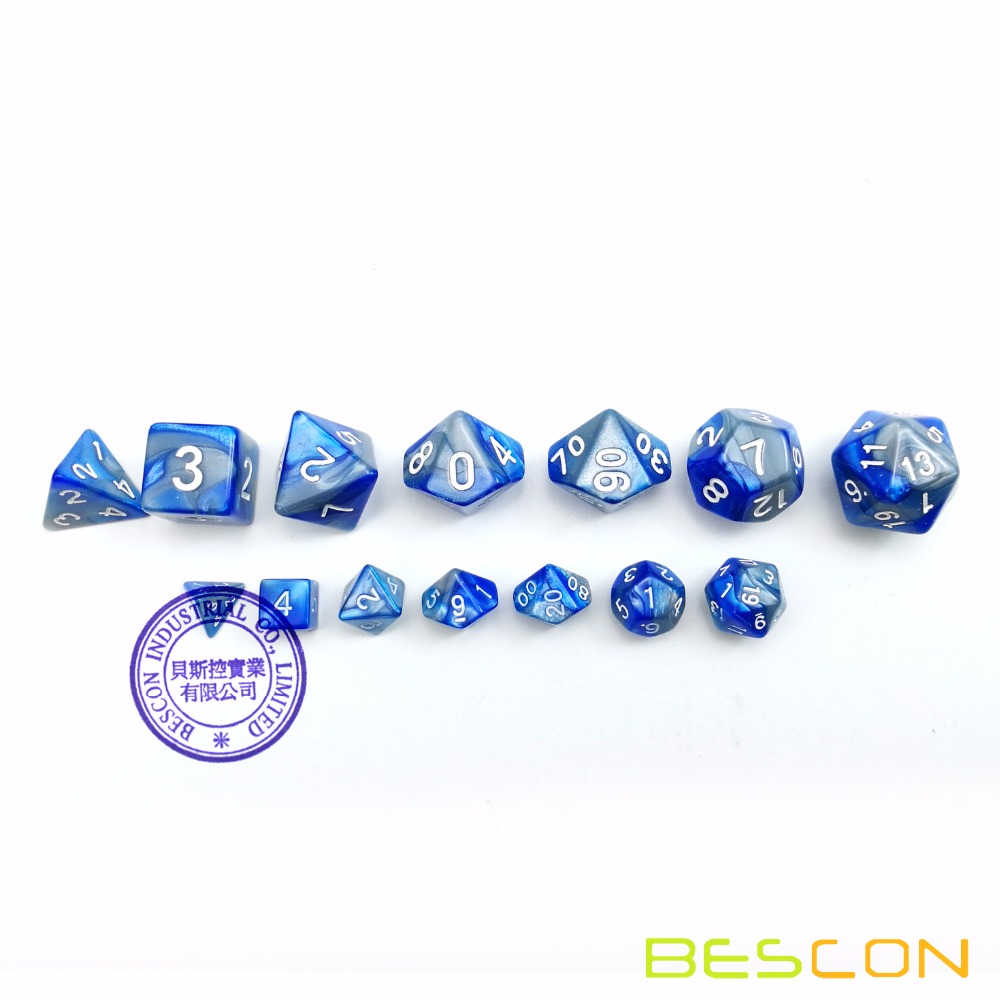 Bescon Mini Gemini Two Tone Polyhedral RPG Dice Set 10MM, Small RPG Role Playing Game Dice D4-D20 in Tube, Color of Steelblue