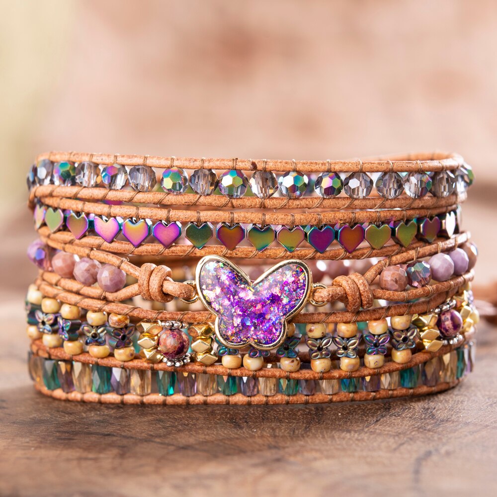 Schmetterling Opal SchöNe Damen wickeln Armbänder Fünf Stränge Leder Handgemachte Steine Armreifen