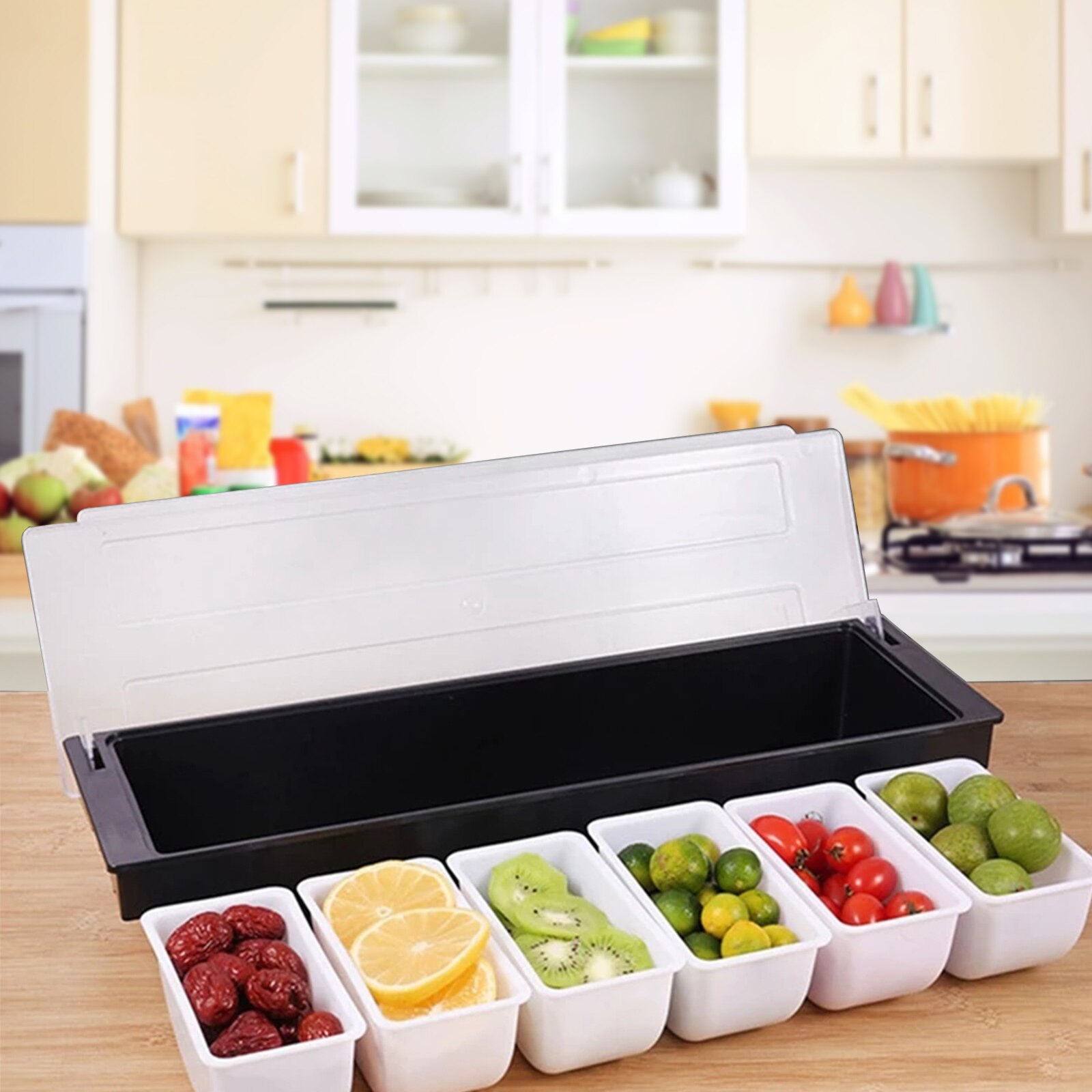 6 Compartment Condiment Dispenser Bar Fruit Caddy Garnish Tray Kitchen Spices Storage Holder Accessories